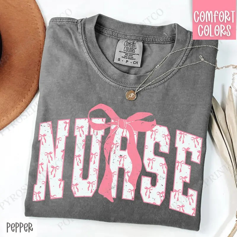 Pink Nurse Bow Shirt Comfort Colors, Women's Tee, Cute Women's Tshirt Hoodie, Sweatshirt | CiraTrend.com