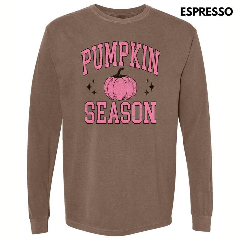 Pink Pumpkin Season Varsity Letter Long Sleeve Comfort Colors T-Shirt 'NLB' Hoodie, Sweatshirt | CiraTrend.com