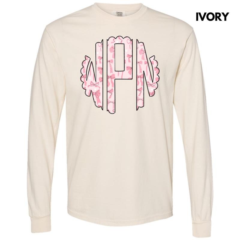 Pink Ribbons & Bows Monogram Long Sleeve Comfort Colors T-Shirt 'NLB' Hoodie, Sweatshirt | CiraTrend.com