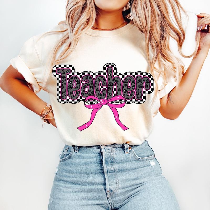 Pink Teacher Coquette T-Shirt, Teacher Checkered T-Shirt, Teacher Appreciation Gift, Teacher Leopard T-Shirt, Teacher Bow...