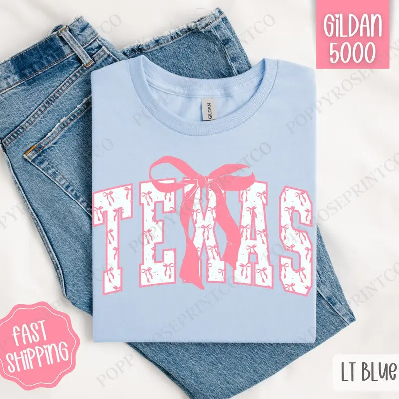 Pink Texas Bow Shirt Gildan, Women's Tee, Cute Women's Tshirt Plus Sizes Hoodie, Sweatshirt | CiraTrend.com