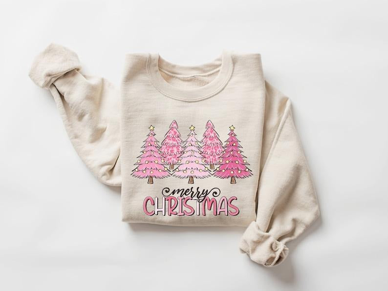 Pink Tree Christmas Sweater - Women's Winter Sweatshirt with Christmas Tree Design, Long Sleeves, Comfortable Cotton and...
