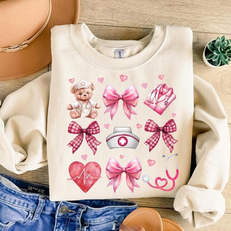 Pink Valentine Nurse Coquette Sweatshirt, Cupids Favorite Nurse , Nurse Valentines Valentines Day T-Shirts, Hoodie