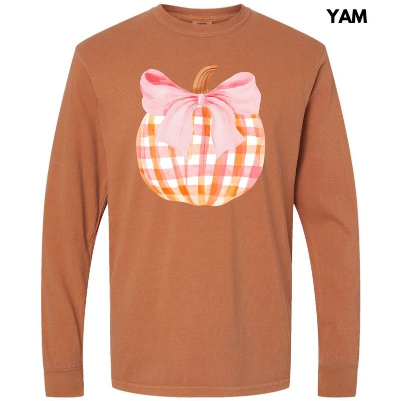 Plaid Pumpkin Coquette Long Sleeve Comfort Colors T-Shirt 'NLB' Hoodie, Sweatshirt | CiraTrend.com