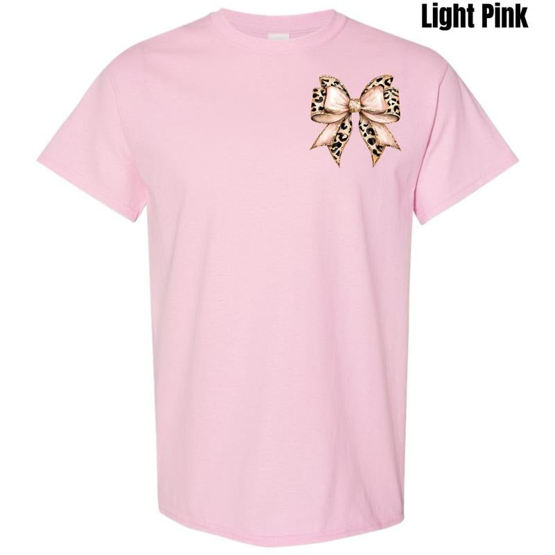 Pocket Size - Cheetah Faux Glitter Bow Gildan Short Sleeve T-Shirt 'NLB' Hoodie, Sweatshirt | CiraTrend.com