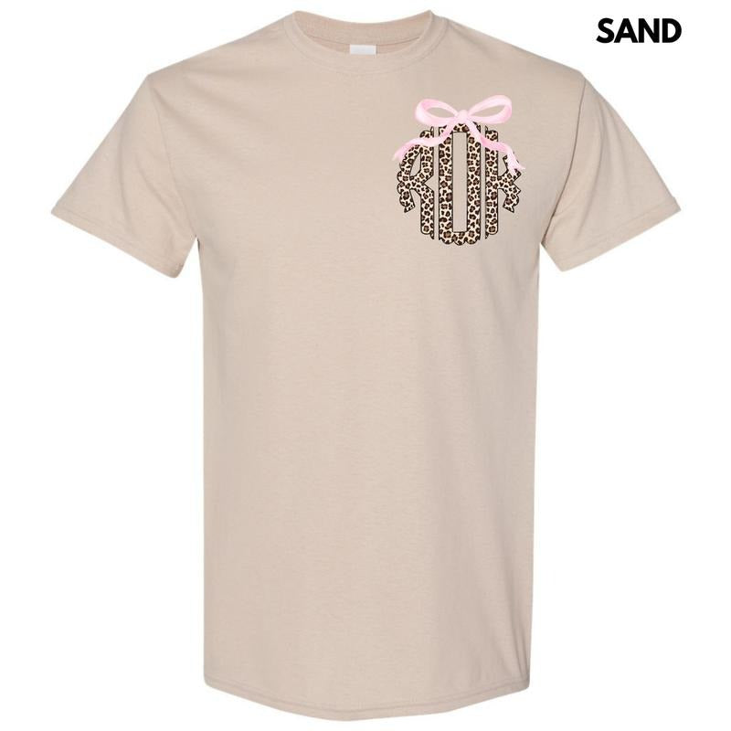 Pocket Size - Pink Bow Cheetah Monogram Gildan Short Sleeve T-Shirt 'NLB' Hoodie, Sweatshirt | CiraTrend.com