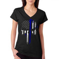 Police Thin Blue Line Flag Skull Women's V-Neck T-Shirt Casual Cotton Hoodie, Sweatshirt | CiraTrend.com
