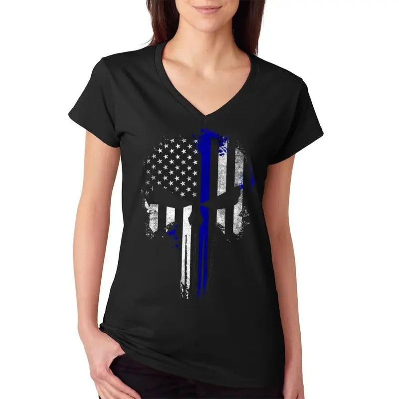 Police Thin Blue Line Flag Skull Women's V-Neck T-Shirt Casual Cotton Hoodie, Sweatshirt | CiraTrend.com