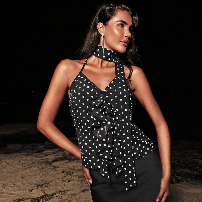 Polka Dots Halter Top Ruffle Backless Going Out Top with Scarf T-Shirts, Hoodie, Sweatshirt | CiraTrend.com