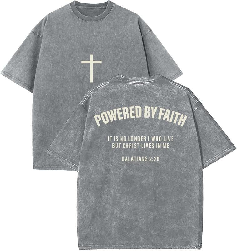 Powered By Faith Unisex Washed T-Shirt, Christian Tshirts, Vintage 90s Graphic Tee, Gift Top Womenswear Cotton Mineral...