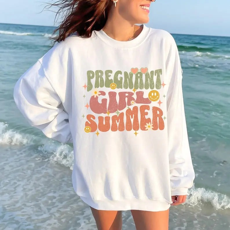 Pregnant Girl Summer Shirt Beach Pregnancy Announcement T-shirt First Time Mom Sweater Expecting Mom Shirt Pregnancy...