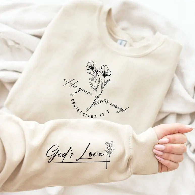Premium  His Grace Is Enough God's Love Sweatshirt, Bible Verse Sleeve Design Sweater, God Love Hoodie, Jesus Religious...