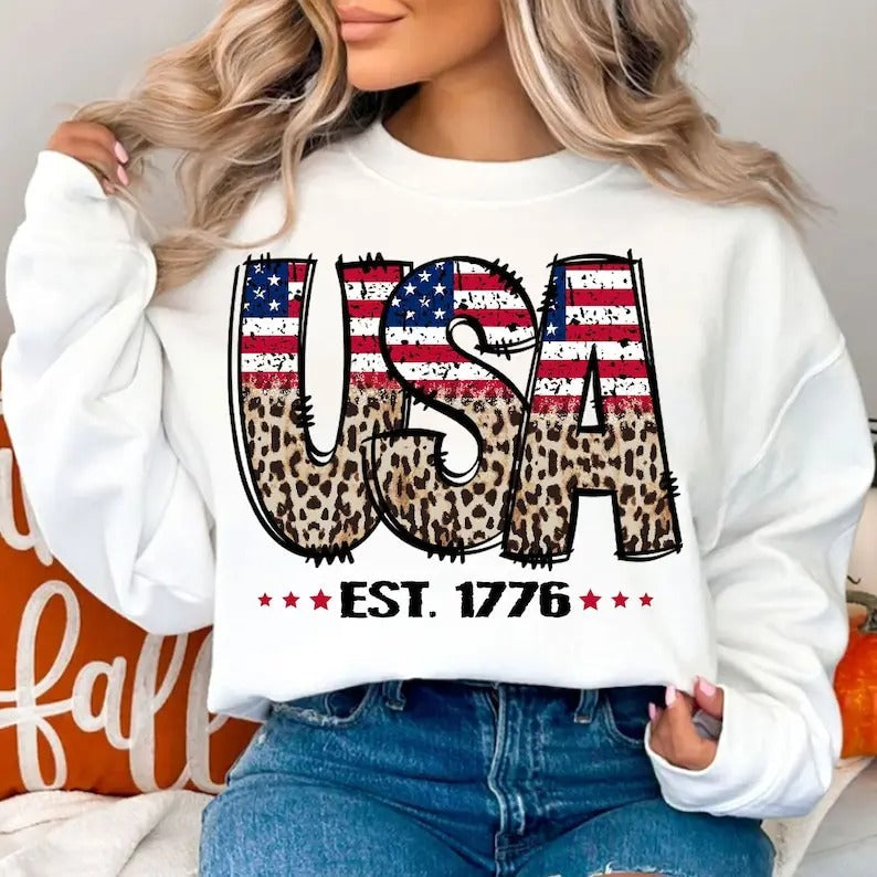 Premium  Leopard USA Est. 1776 , 4th of July , Fourth Of July , USA Png, America , Independence Day sweatshirt T-Shirts,...