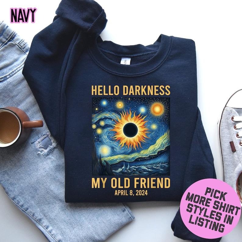 Premium  Van Gogh Total Solar Eclipse 2024 T-shirt, Hello Darkness My Old Friend Sweatshirt, Stargazer Hoodie, Astronomy Lover shirt