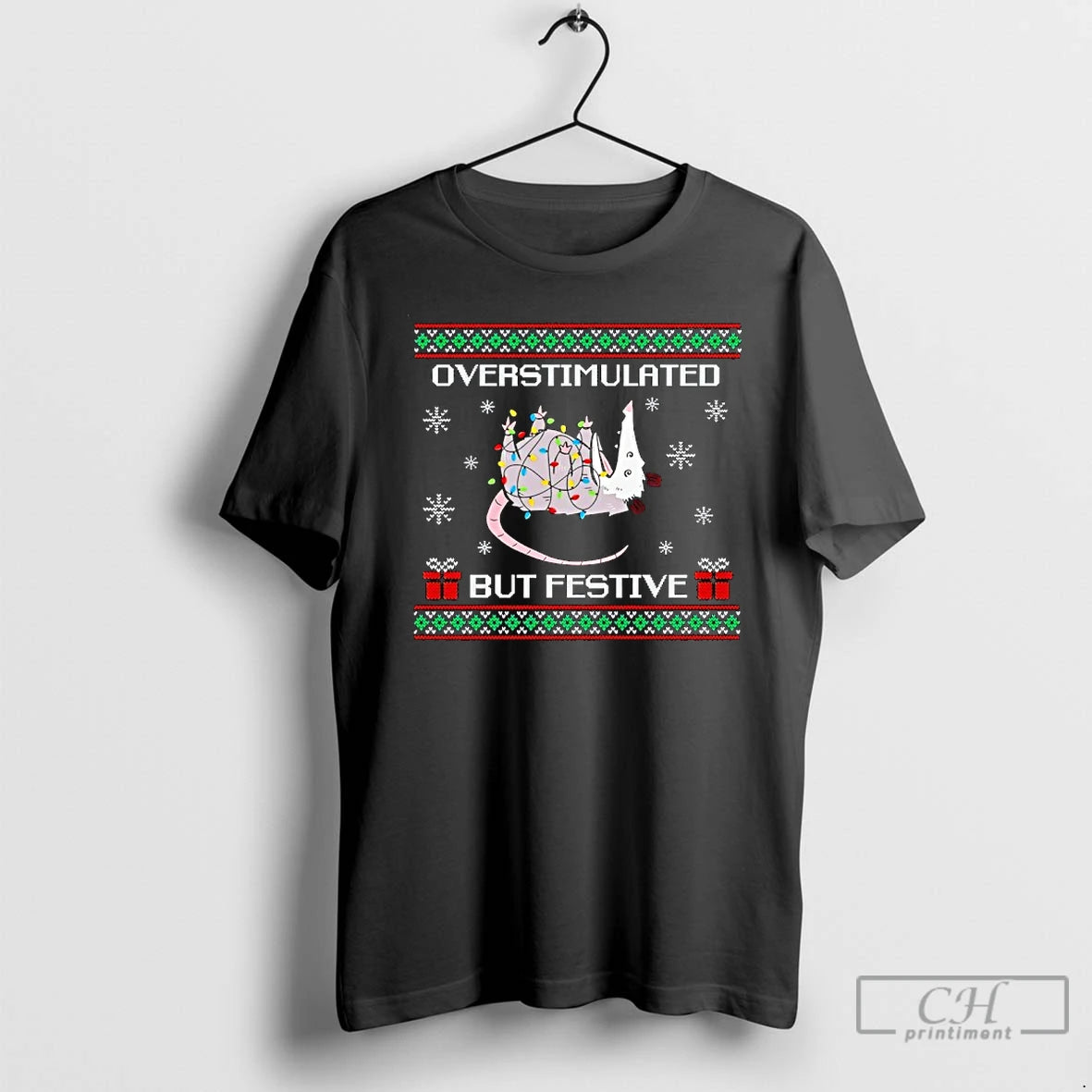Premium Overstimulated But Festive Possum Light Christmas T-Shirts, Hoodie, Sweatshirt | CiraTrend.com
