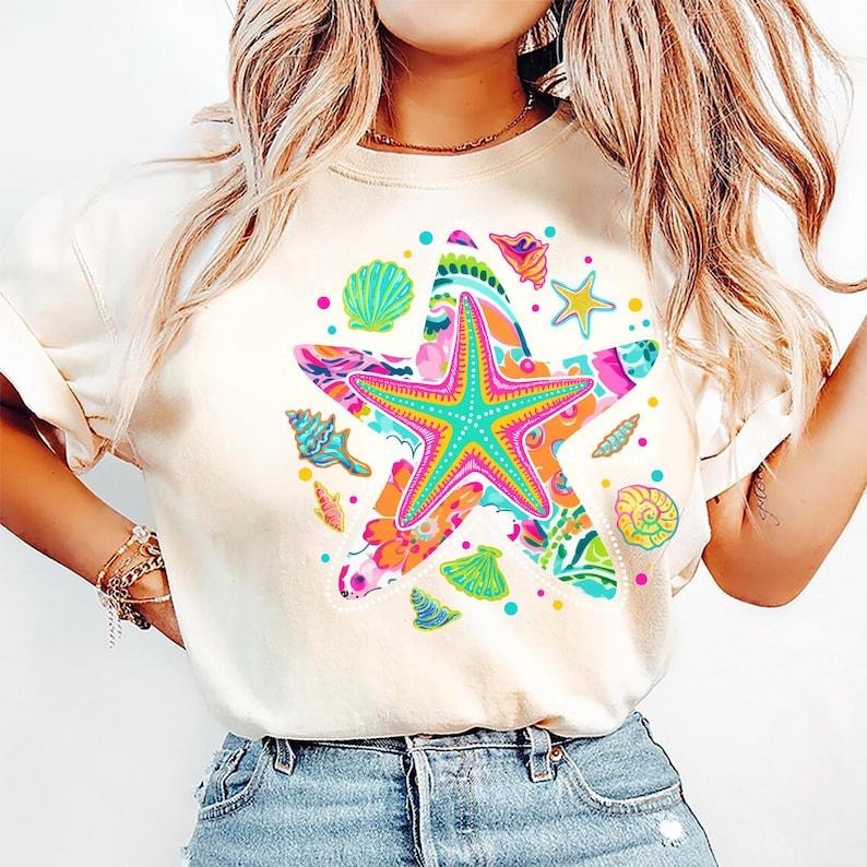 Preppy Starfish Coquette Tshirt, Summer Vibes Tee, Retro Floral Summer Shirt, Ocean Girly Summer T-Shirt, Beach,...