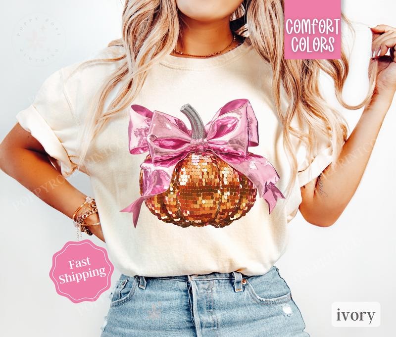 Printed Sequin Bow Pumpkin Shirt Comfort Colors, Fall Tshirt, Coquette Clothing, October Vibes Shirt for Women Oversized...