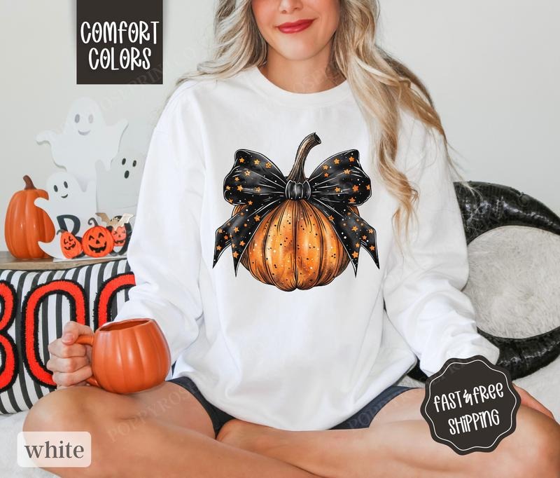 Pumpkin Bow Sweatshirt Comfort Colors, Halloween Crewneck, Fall Sweater Womenswear T-Shirts, Hoodie | CiraTrend.com