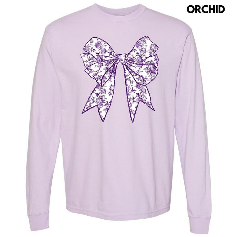 Purple Floral Bow Long Sleeve Comfort Colors T-Shirt 'NLB' Hoodie, Sweatshirt | CiraTrend.com