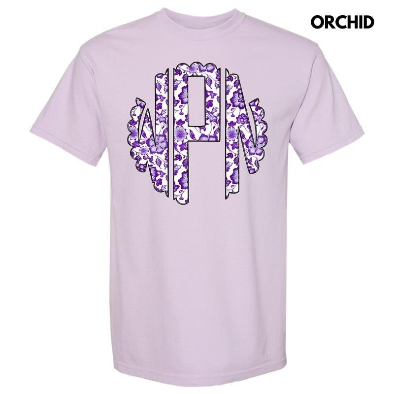 Purple Floral Monogram Comfort Colors T-Shirt 'NLB' Hoodie, Sweatshirt | CiraTrend.com