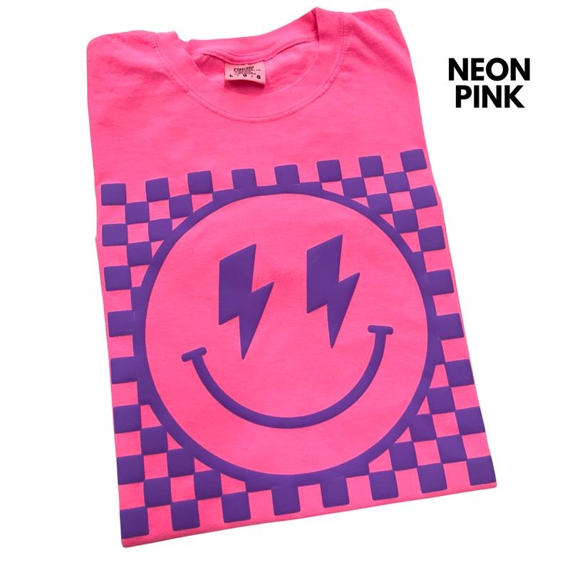 Purple Puff Checkered Happy Face Comfort Colors T-Shirt Hoodie, Sweatshirt | CiraTrend.com