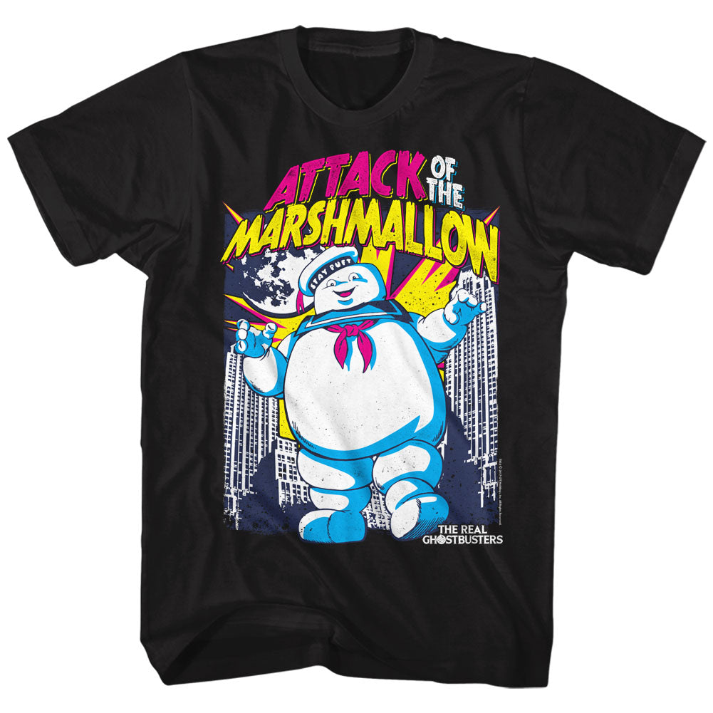 Real Ghostbusters Mens S/S T-Shirt - Marshmallow Attacks - Solid Black Hoodie, Sweatshirt | CiraTrend.com