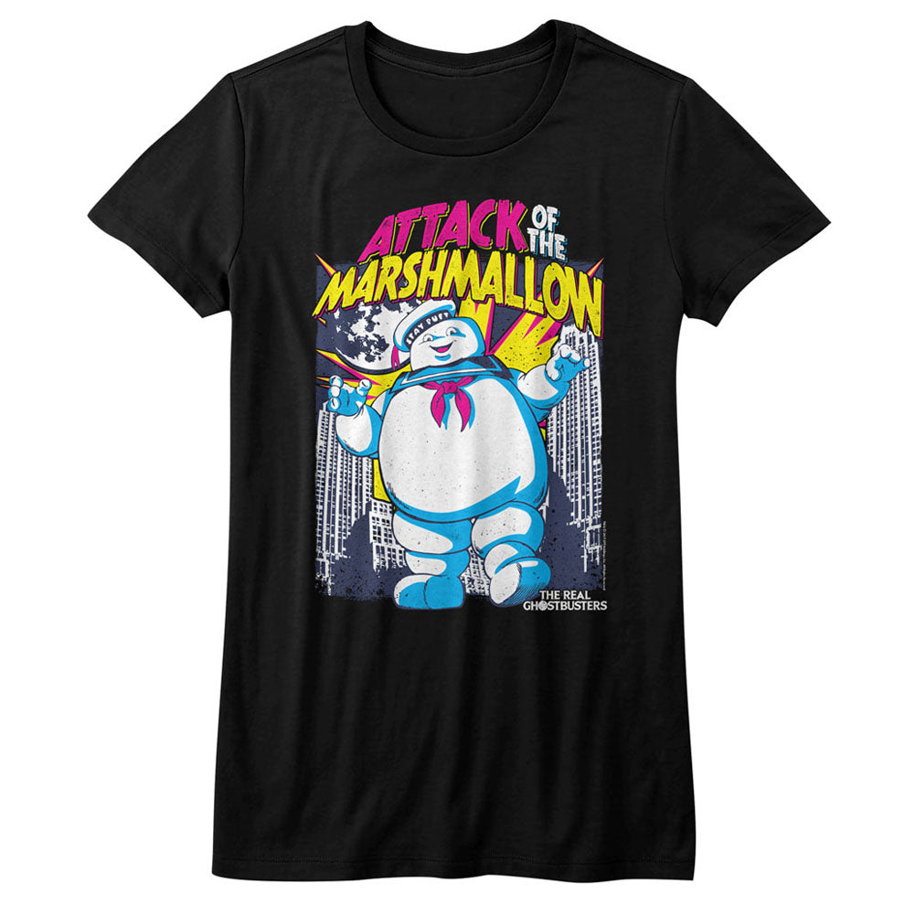 Real Ghostbusters Girls Juniors S/S T-Shirt - Marshmallow Attacks - Solid Black Hoodie, Sweatshirt | CiraTrend.com