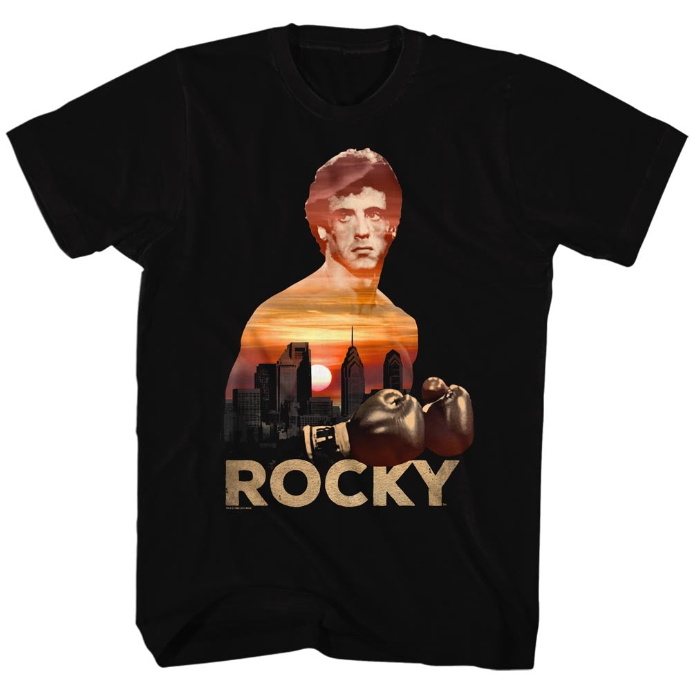 Rocky Mens S/S T-Shirt - Sunset Over Philly - Solid Black Hoodie, Sweatshirt | CiraTrend.com
