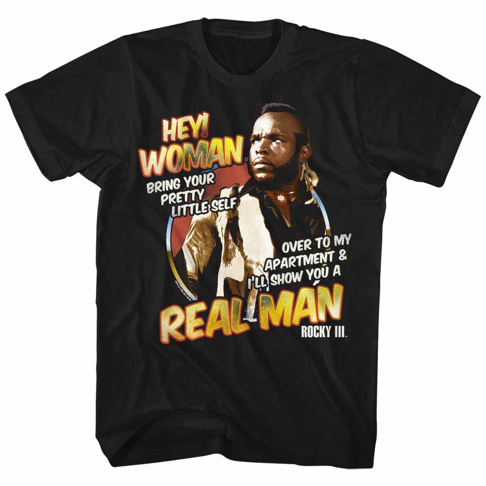 Rocky Mens S/S T-Shirt - Hey Woman - Solid Black Hoodie, Sweatshirt | CiraTrend.com
