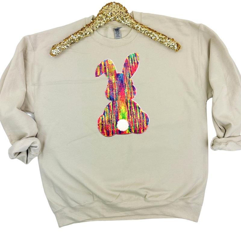 Rainbow Chenille Bunny Patch Sweatshirt -- SAND T-Shirts, Hoodie | CiraTrend.com