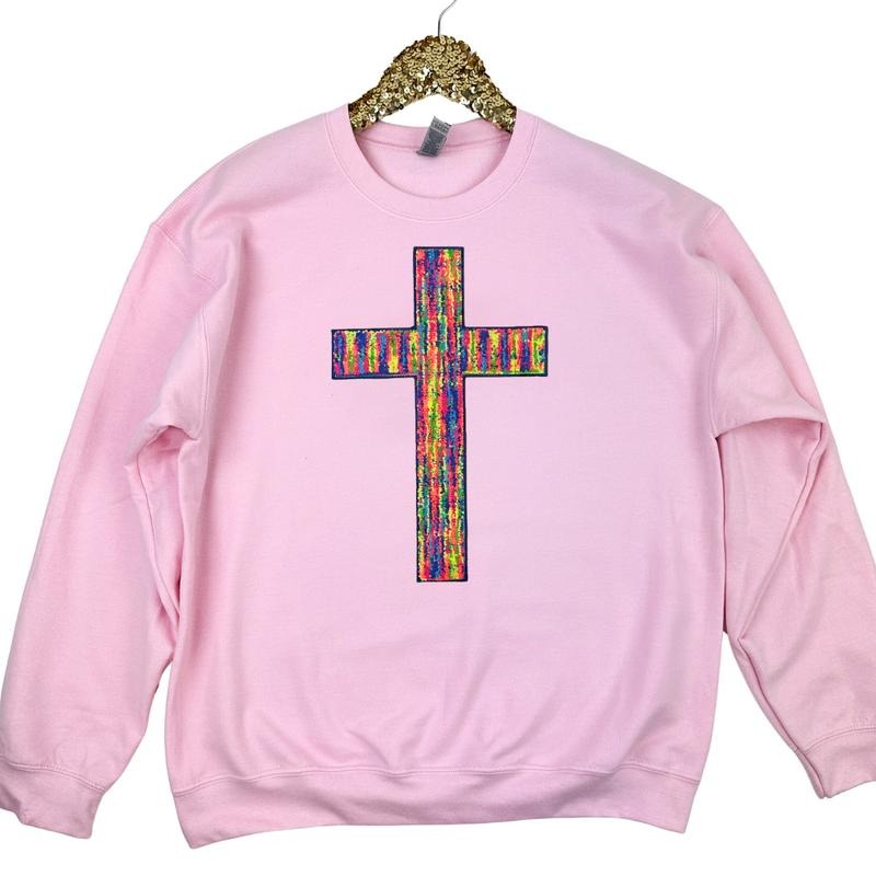 Rainbow Chenille Cross Patch Sweatshirt -- LIGHT PINK T-Shirts, Hoodie | CiraTrend.com