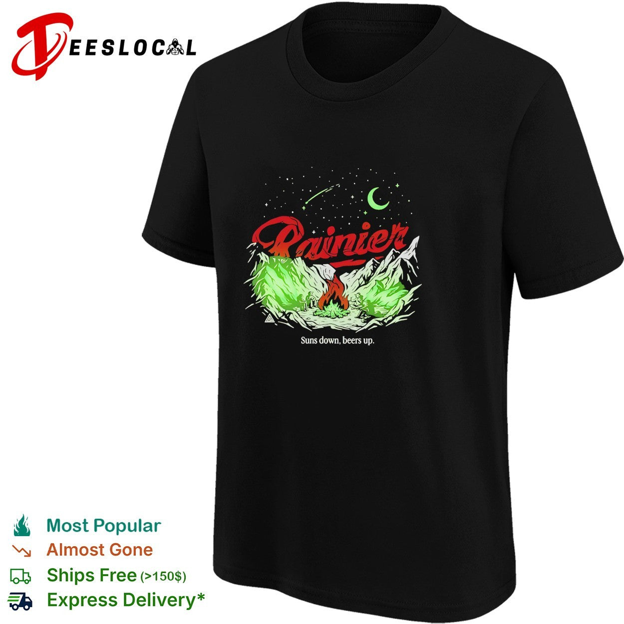 Rainier suns down beers up campfire shirt