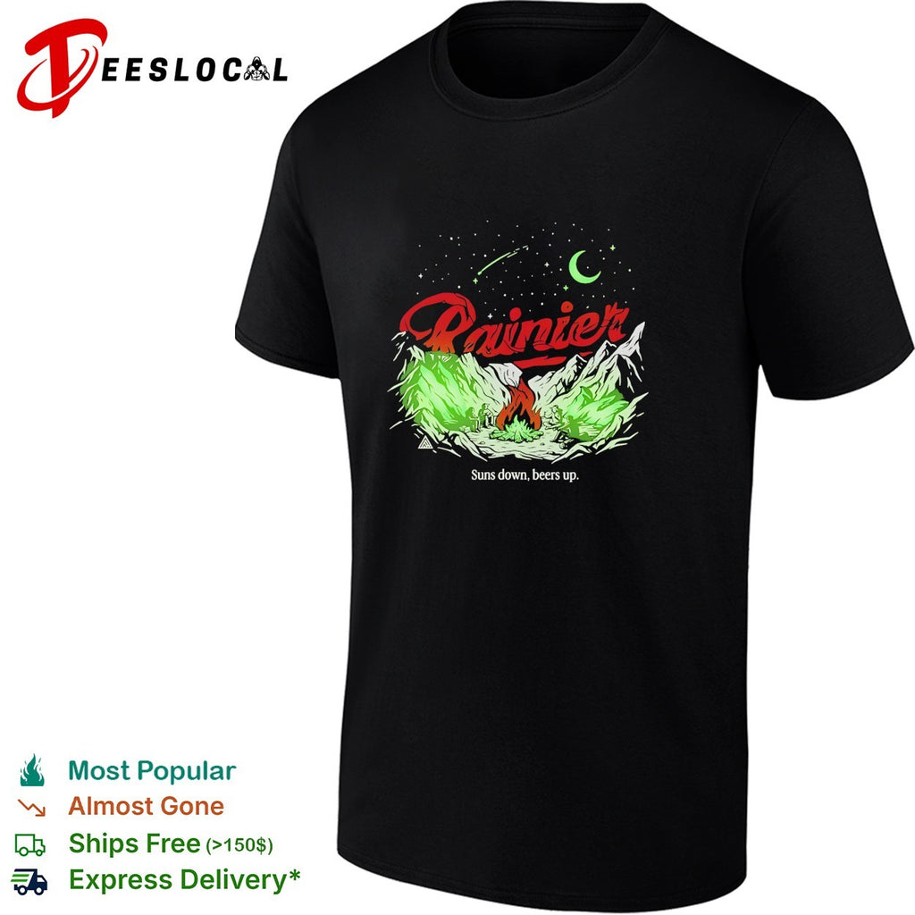 Rainier suns down beers up campfire shirt