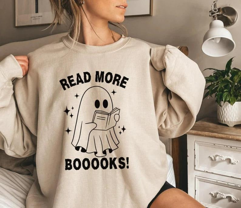 Read More Booooks Sweatshirt, Halloween Sweatshirt, Ghost Read More Books Teacher Shirt, Librarian Halloween Gift, Spooky...