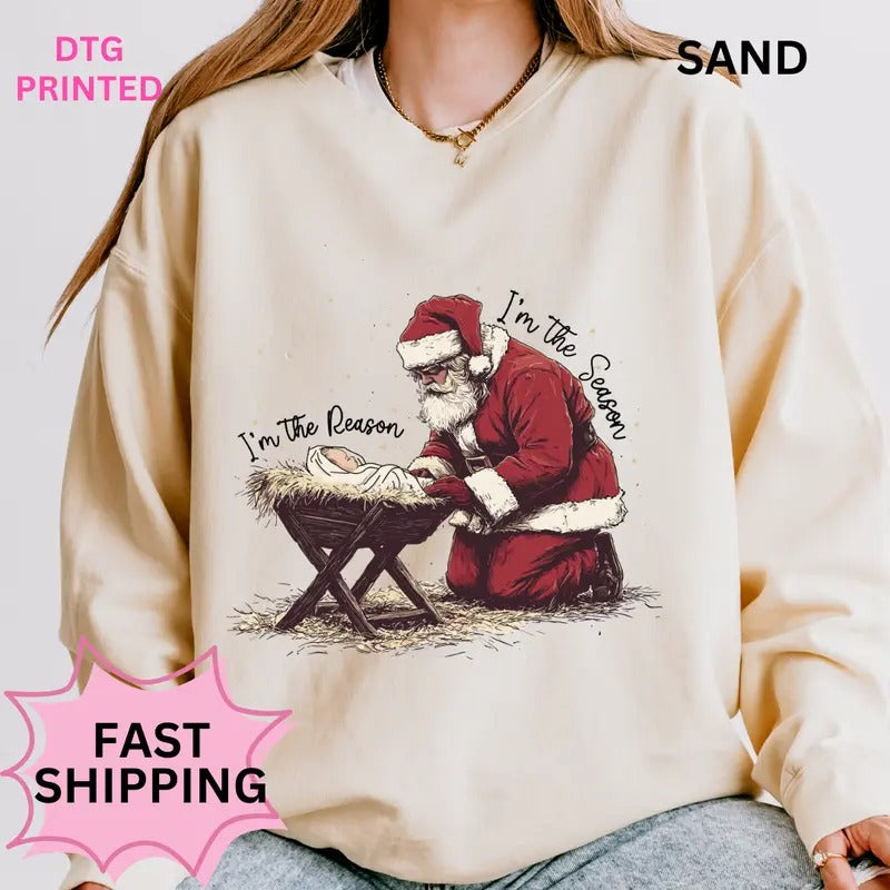 Reason For the Season Christmas Sweatshirt Winter Graphic Long Sleeve Casual Cotton Polyester Oversized sweatshirt -...
