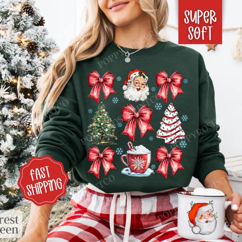 Red Coquette Christmas Sweatshirt, Merry Christmas Sweater, Women's Holiday Crewneck T-Shirts, Hoodie | CiraTrend.com