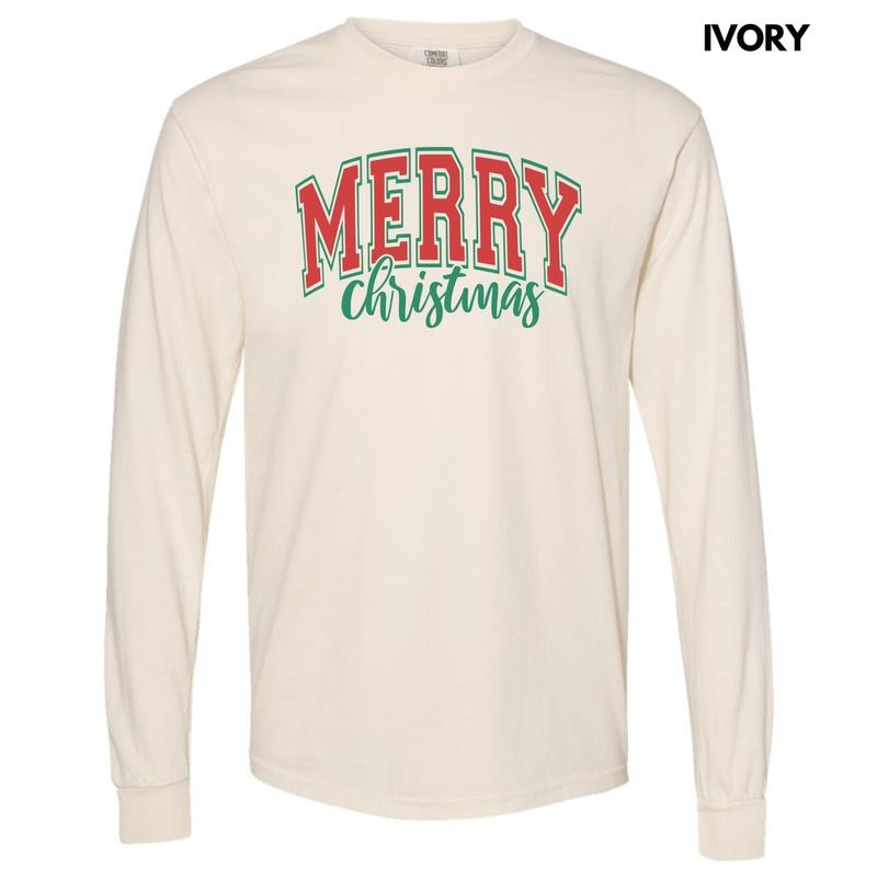Red Cursive Varsity Merry Christmas Long Sleeve Comfort Colors T-Shirt 'NLB' Hoodie, Sweatshirt | CiraTrend.com