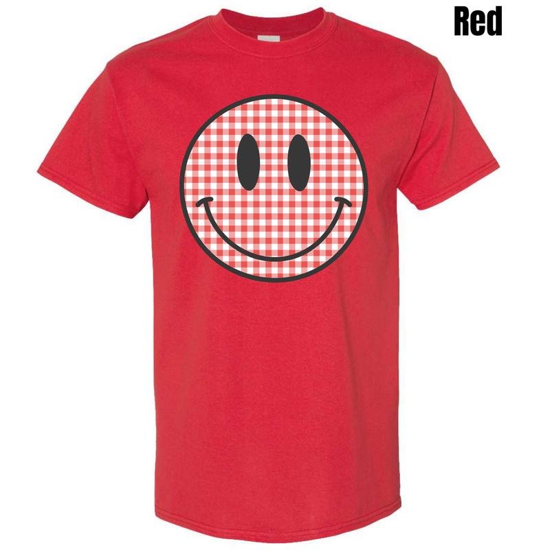 Red Gingham Happy Face Gildan Short Sleeve T-Shirt 'NLB' Hoodie, Sweatshirt | CiraTrend.com