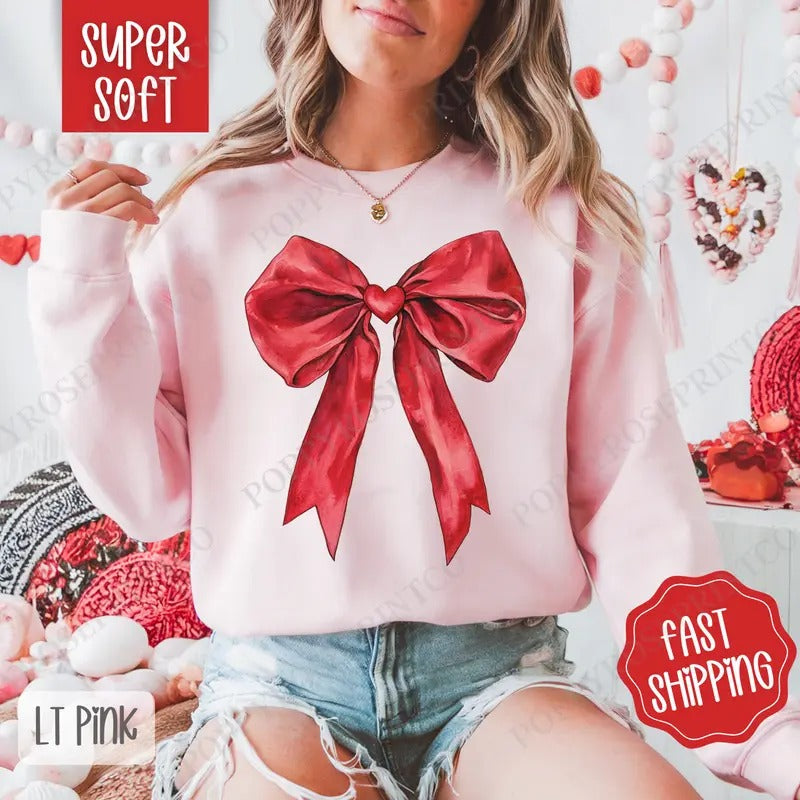 Red Heart Bow Sweatshirt, Valentine's Day Crewneck, Cute Women's Sweater T-Shirts, Hoodie | CiraTrend.com