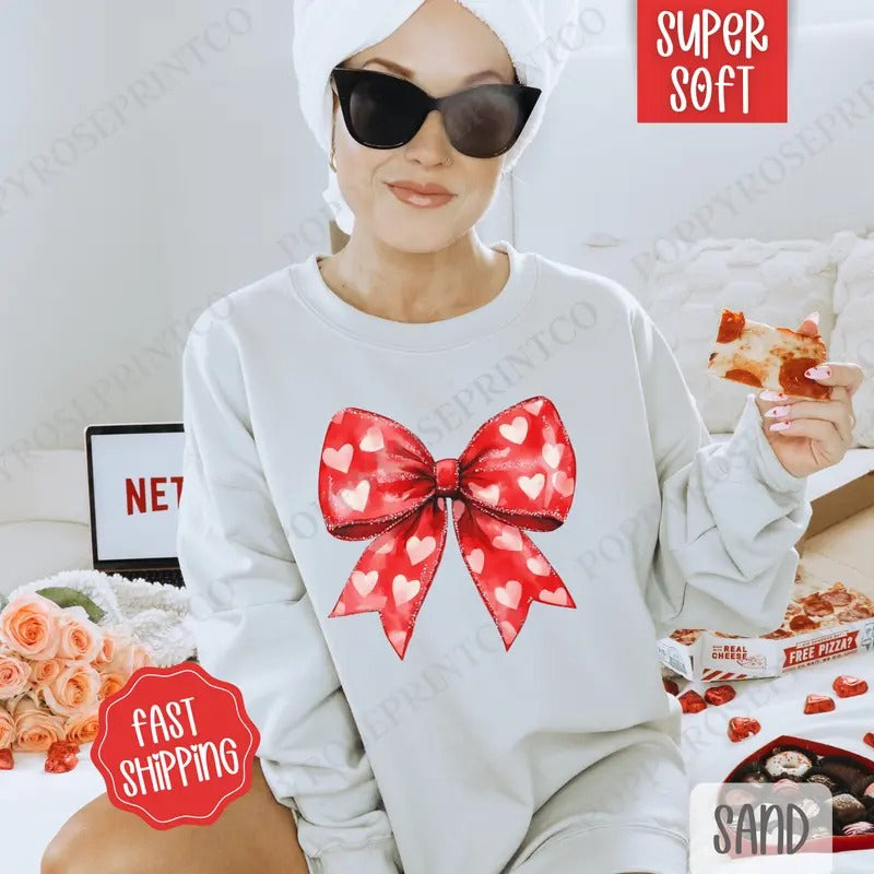 Red Heart Bow Sweatshirt, Valentine's Day Crewneck, Holiday Women's Sweater T-Shirts, Hoodie | CiraTrend.com