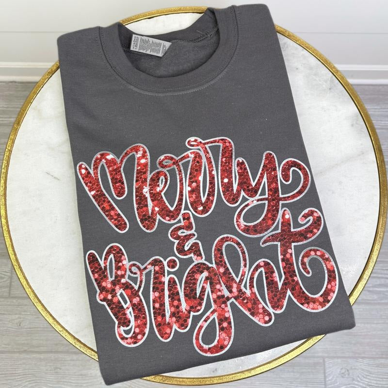 Red Merry & Bright Faux Sequin Sweatshirt T-Shirts, Hoodie | CiraTrend.com