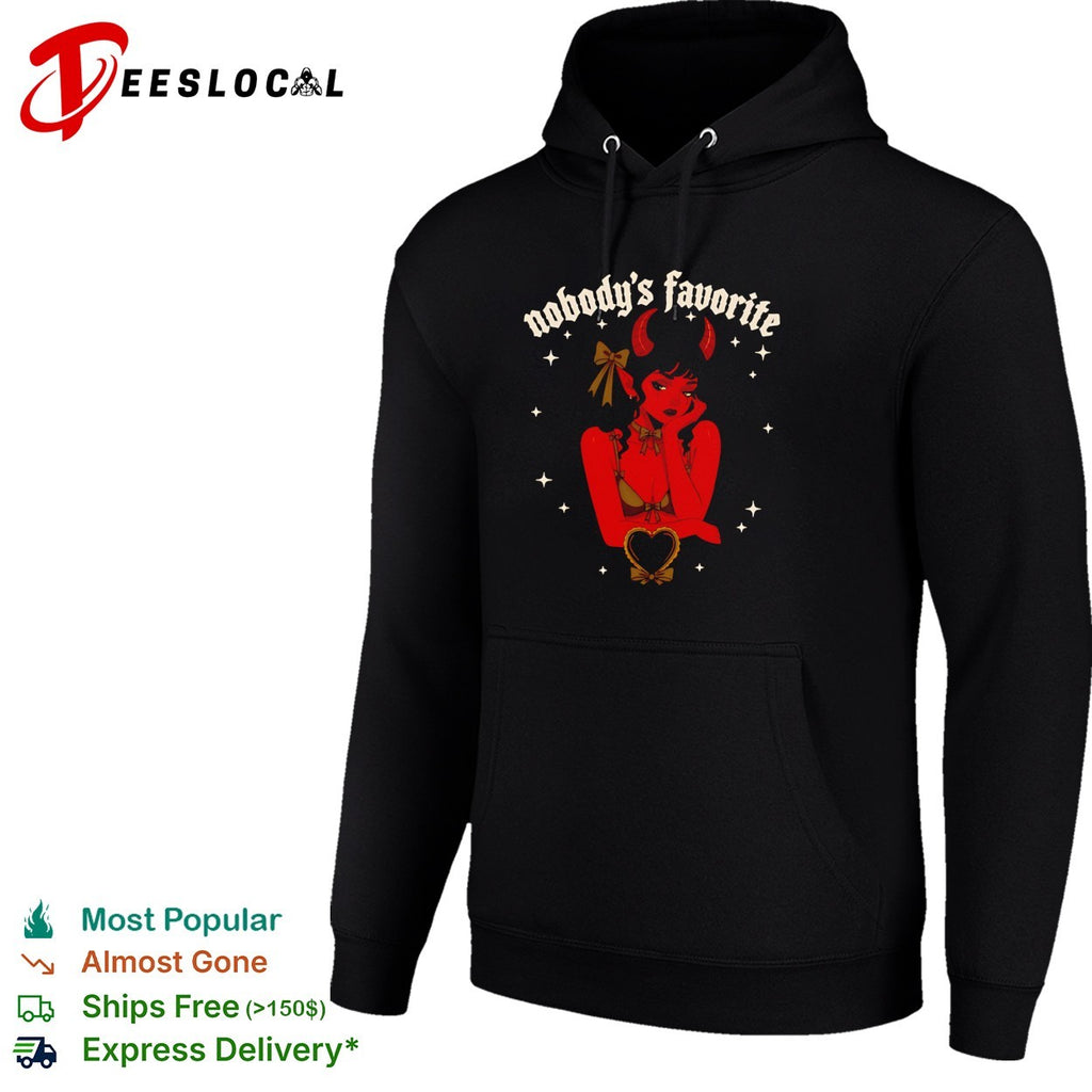Red devil girl resting chin on hand nobody’s favorite shirt
