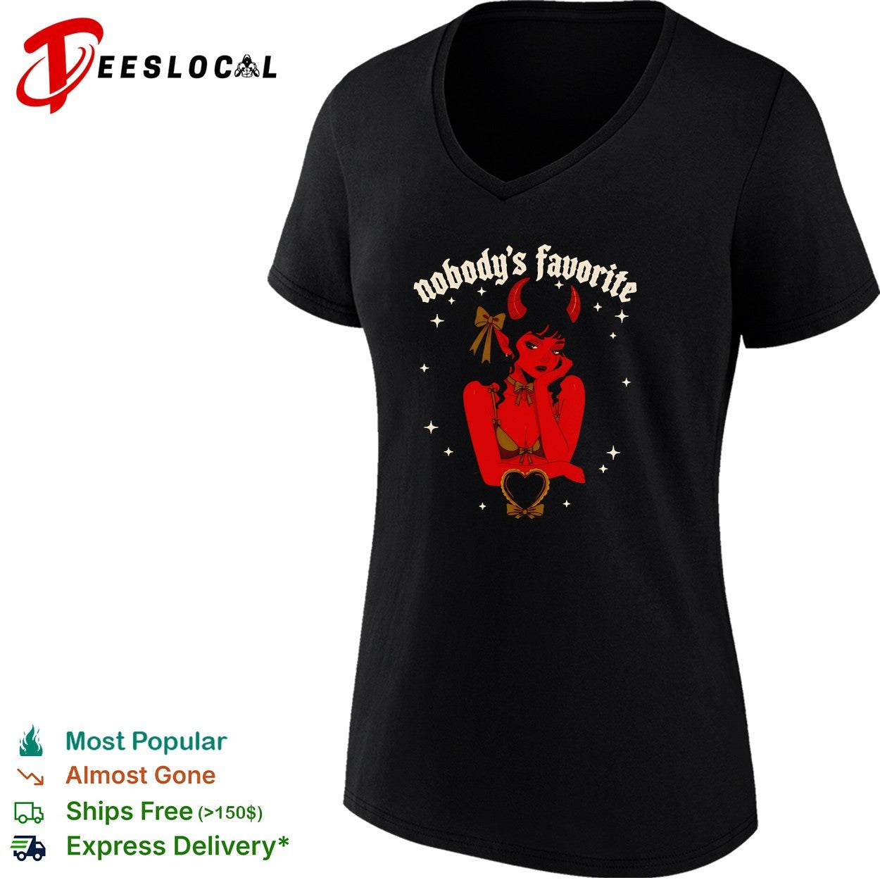 Red devil girl resting chin on hand nobody’s favorite shirt