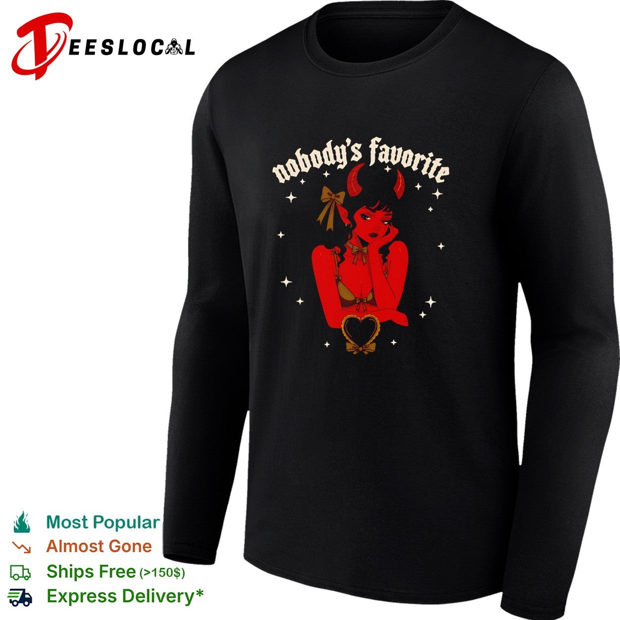 Red devil girl resting chin on hand nobody’s favorite shirt