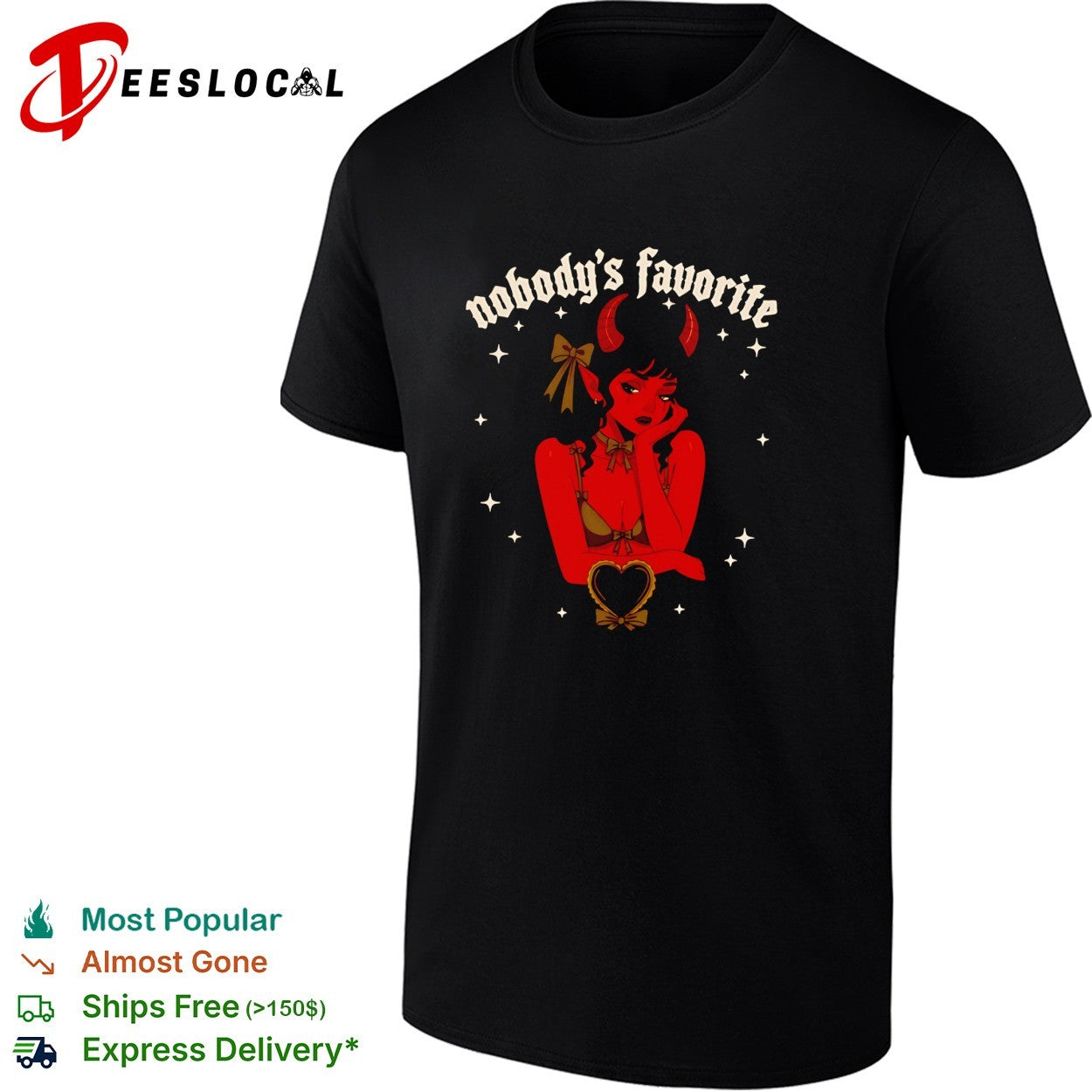Red devil girl resting chin on hand nobody’s favorite shirt