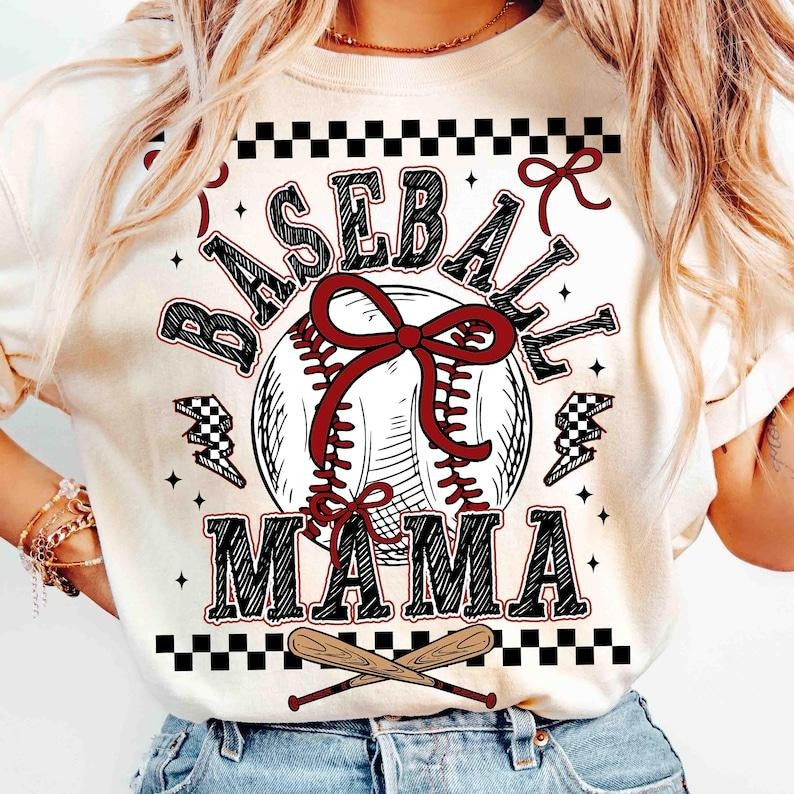 Retro Baseball Mama Tshirt Checkered, Baseball Mama Shirt, Baseball Coquette Bow Tee, Retro Mama T-Shirt Top Womenswear...