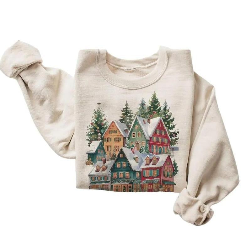 Retro Bavarian Christmas Village Shops Sweatshirt - 90s Vintage Decorated Pine Trees Snowman and Deer Cotton T-Shirts, Hoodie