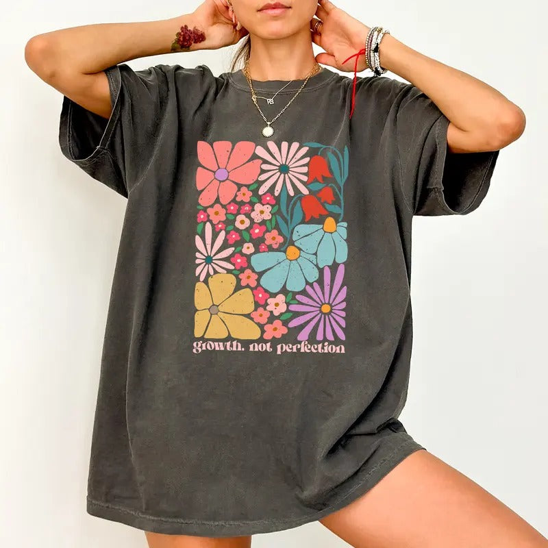 Retro Boho Flowers Christian Shirt, Growth Not Perfection, Bible Verse Tshirt, Floral Vintage Christian Tee, Jesus Lover...