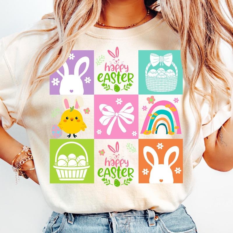 Retro Checkered Happy Easter T-Shirt, Happy Easter T-Shirt, Pastel Easter Bunny Coquette T-Shirt, Boho Easter T-Shirt,...