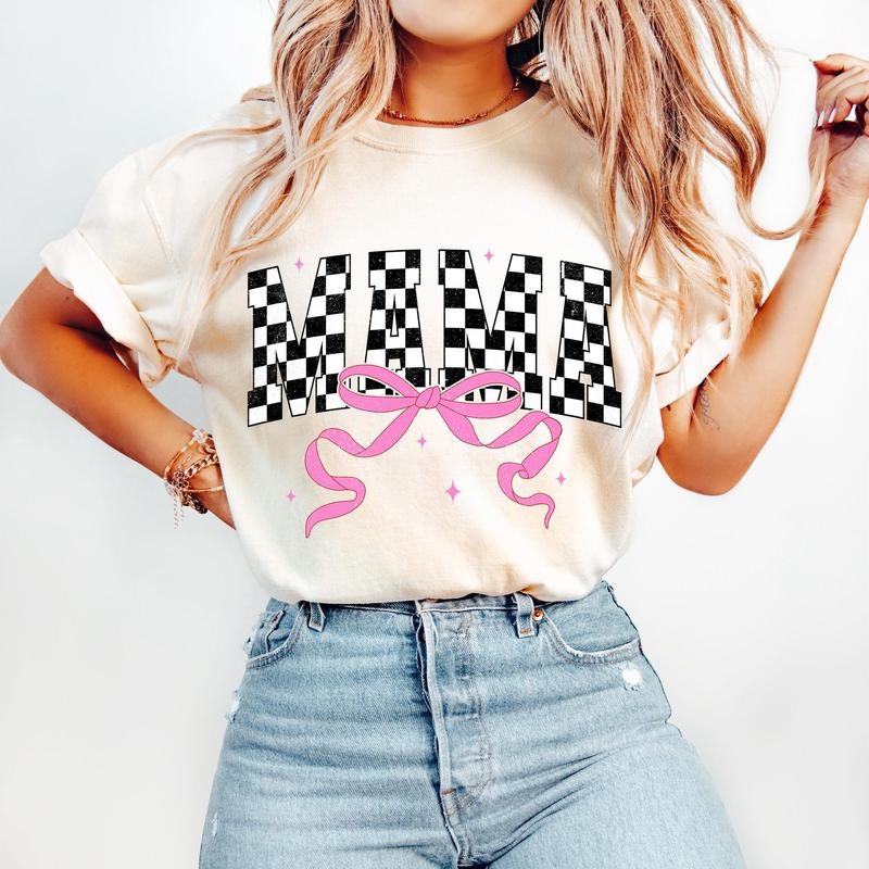 Retro Checkered Mama Coquette T-Shirt, Mama T-Shirt, Mama Varsity T-Shirt, Mothers Day T-Shirt, Gift for Mom, Mama Bow...